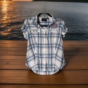 Harley Davidson Women's Medium/m Fitted Garage Button Up Plaid Shirt VGC